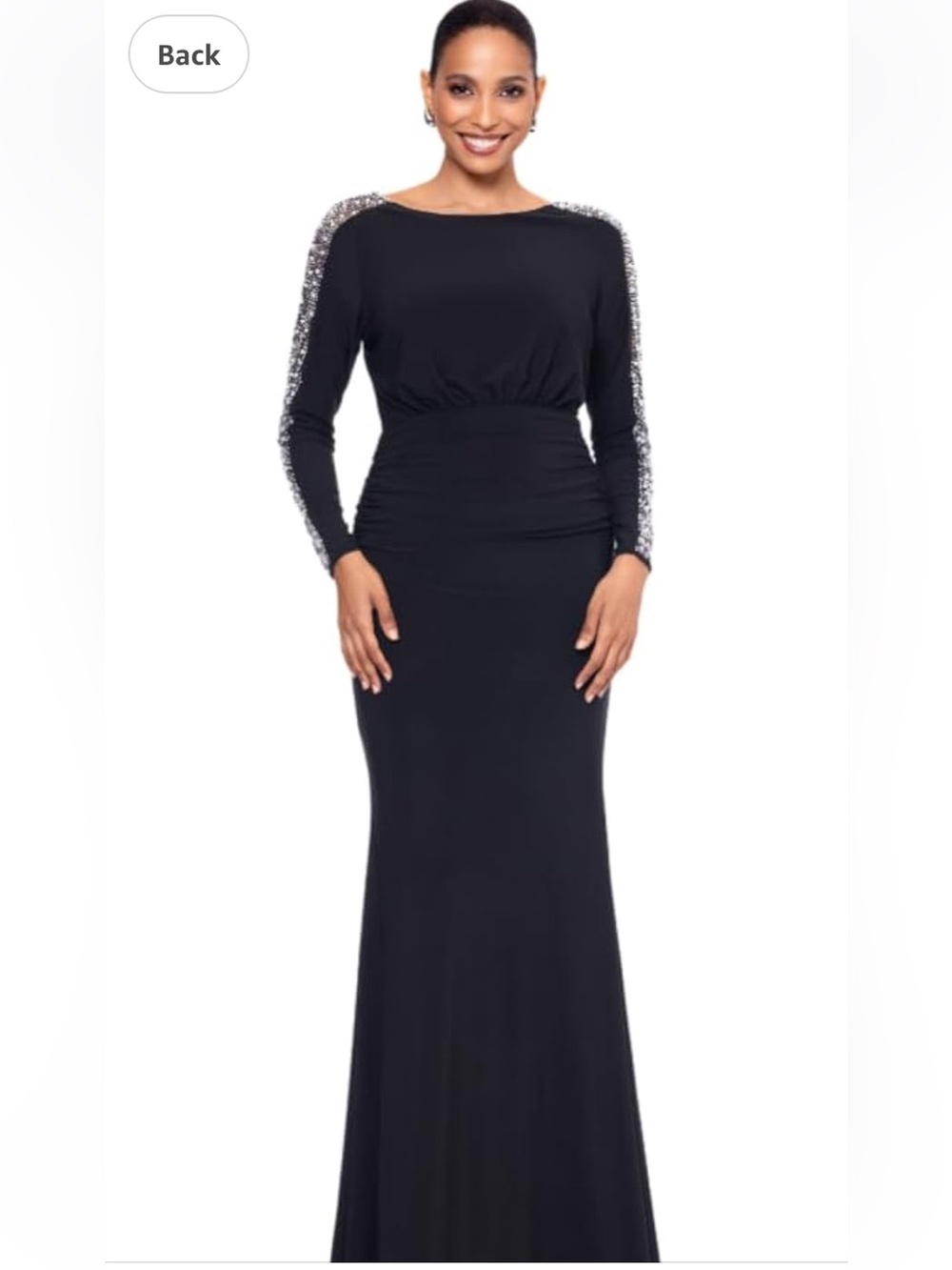 Xscape Black Long Sleeve Gown with Silver Sequin Sleeve Trim